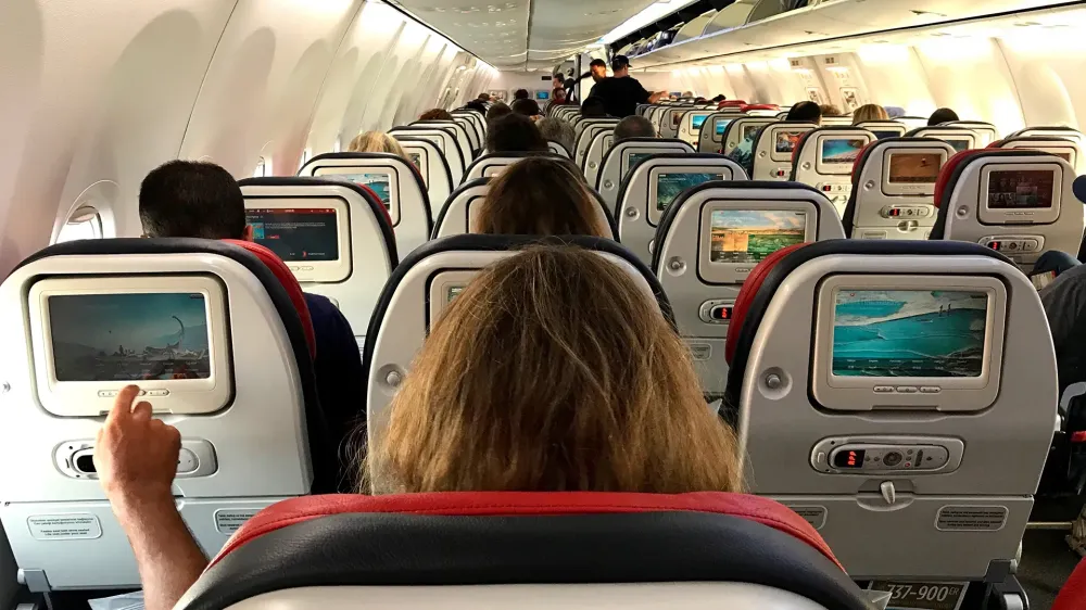 airplane cabin woman in middle seat.